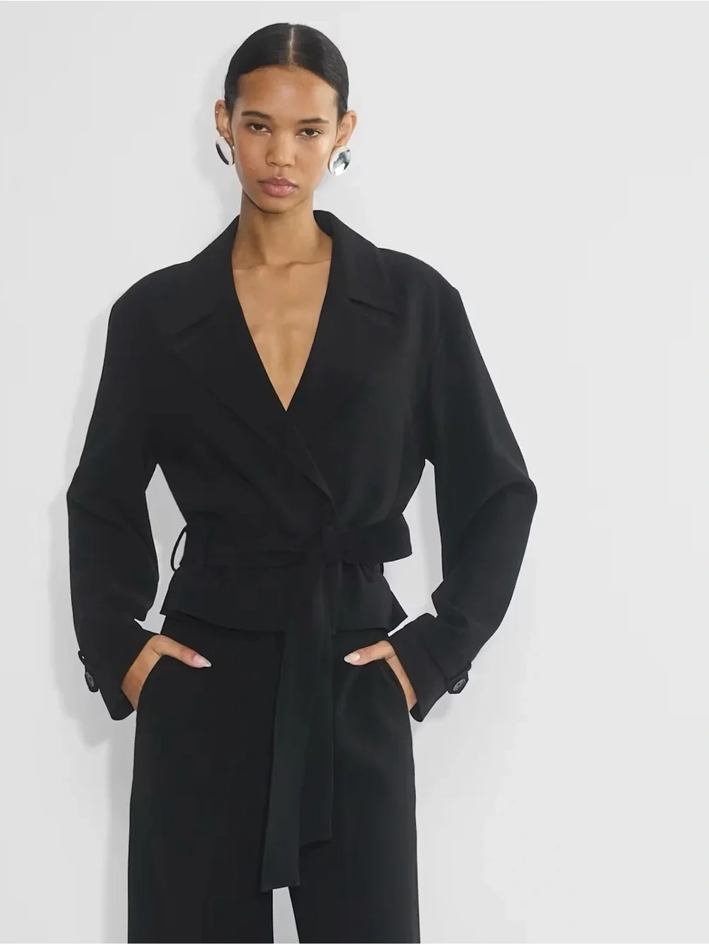 Babaton Black Tie-Waist Cropped Blazer Jacket